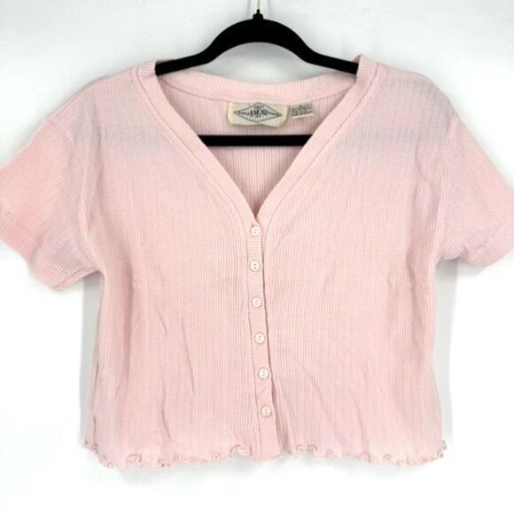 Y2K B. Moss Ribbed Henley Lettuce Trim Crop Shirt Pink & Blue Medium Baby Tee - Picture 10 of 16